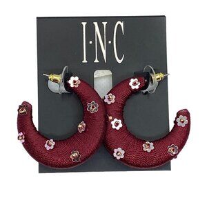 Gold-Tone Flower Bead Dark Red Thread-Wrapped C-Hoop Earrings